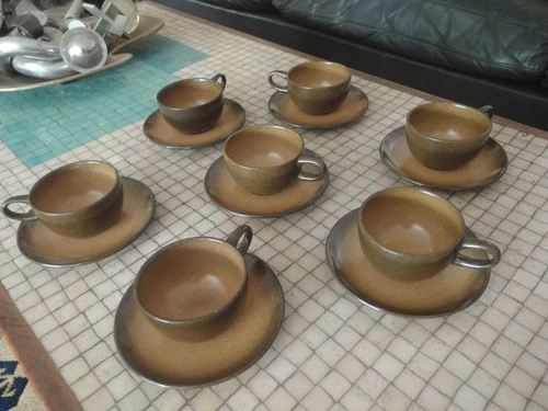 Vintage Mid Century Heath Ceramics Sea & Sand Coffee Cups & Saucers - PRICE EACH