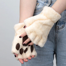 Women Cartoon Cat Claw Gloves Thickened Plush Lovely Style Bear Paw Exposed Fing