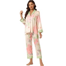 cheibear Women's Satin Floral Long Sleeves Shirts with Pants Lounge Pajama Set