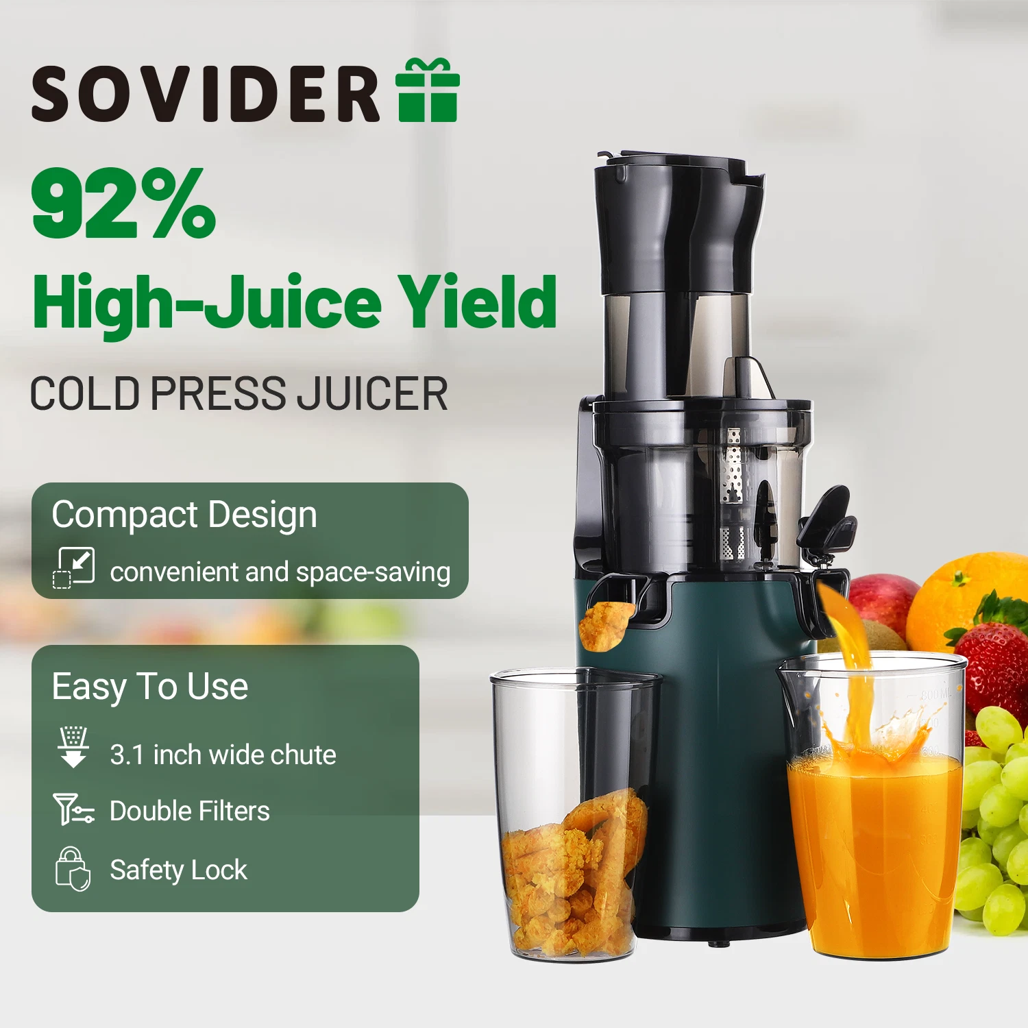 SOVIDER Cold Press Juicer Machines 78mm Feed Chute 92% High Juice Yield 200W USA
Opens in a new wind