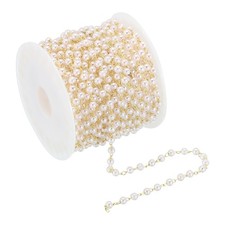5m/16 Feet Faux Pearl Beading Chain, 3mm Brass Chain Link Style 1, Light Gold