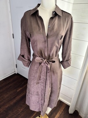 BOSS Hugo Boss Dress Womens 10 Brown Linen Belted Button Front Shirt Knee Length