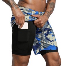 Men's 2 in 1 Running Shorts Gym Workout Quick Dry Men Shorts with Phone Pocke...