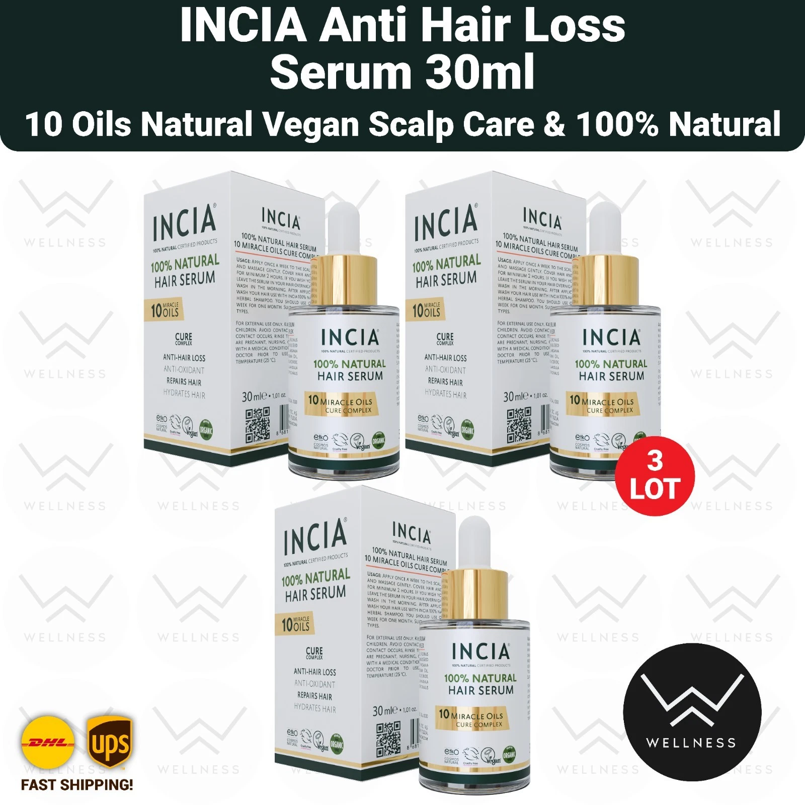 INCIA Anti Hair Loss Hair Serum 10 Oils Natural Vegan Scalp Care 30ml - 3 LOT