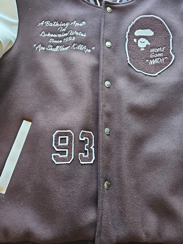 Bape A Bathing Ape Varsity Brown Full-Snap Wool/Leather Jacket Size XXL - Image 4 of 4