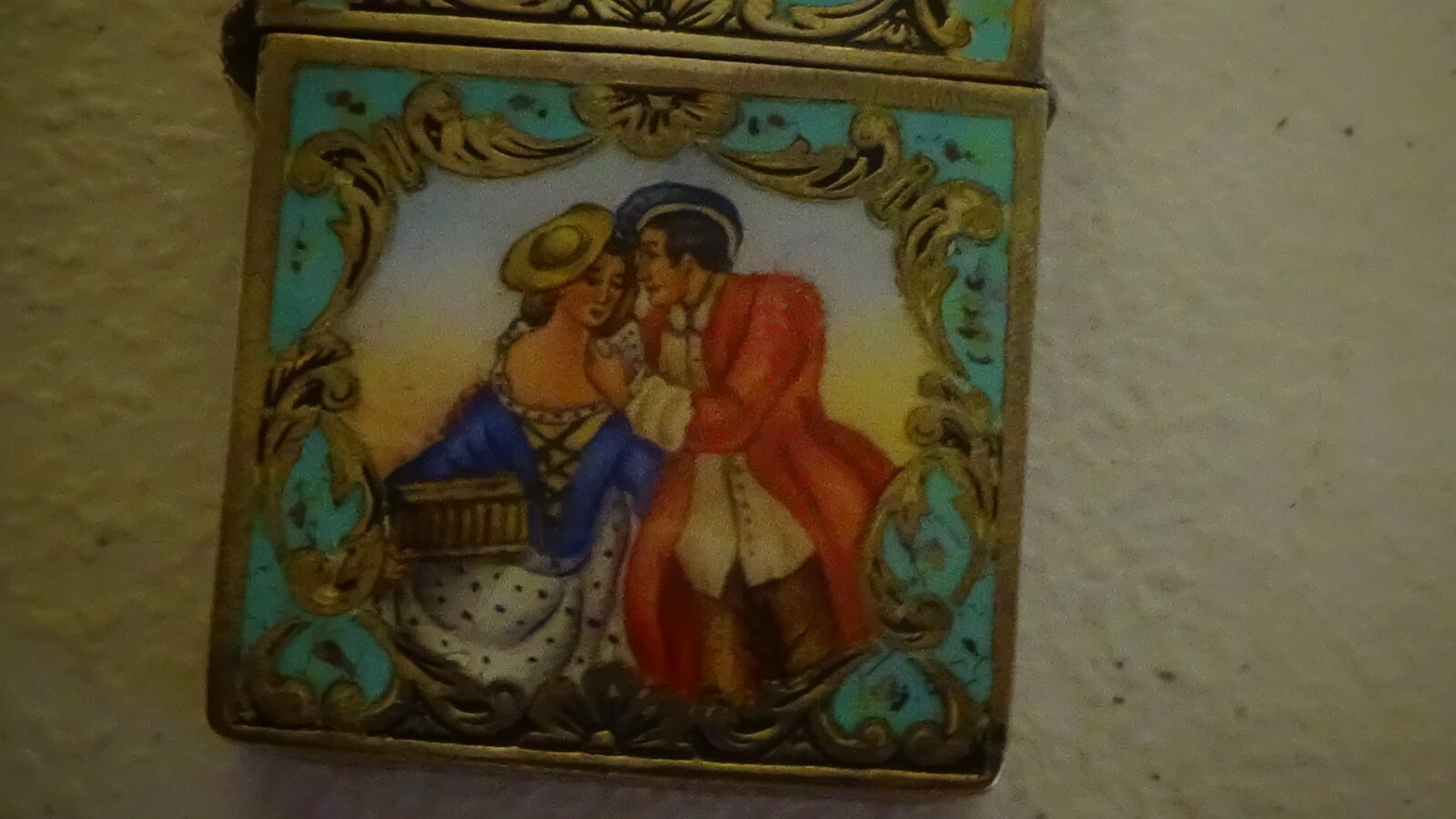 800 silver italian enameled lighter with courtship scene and with zippo