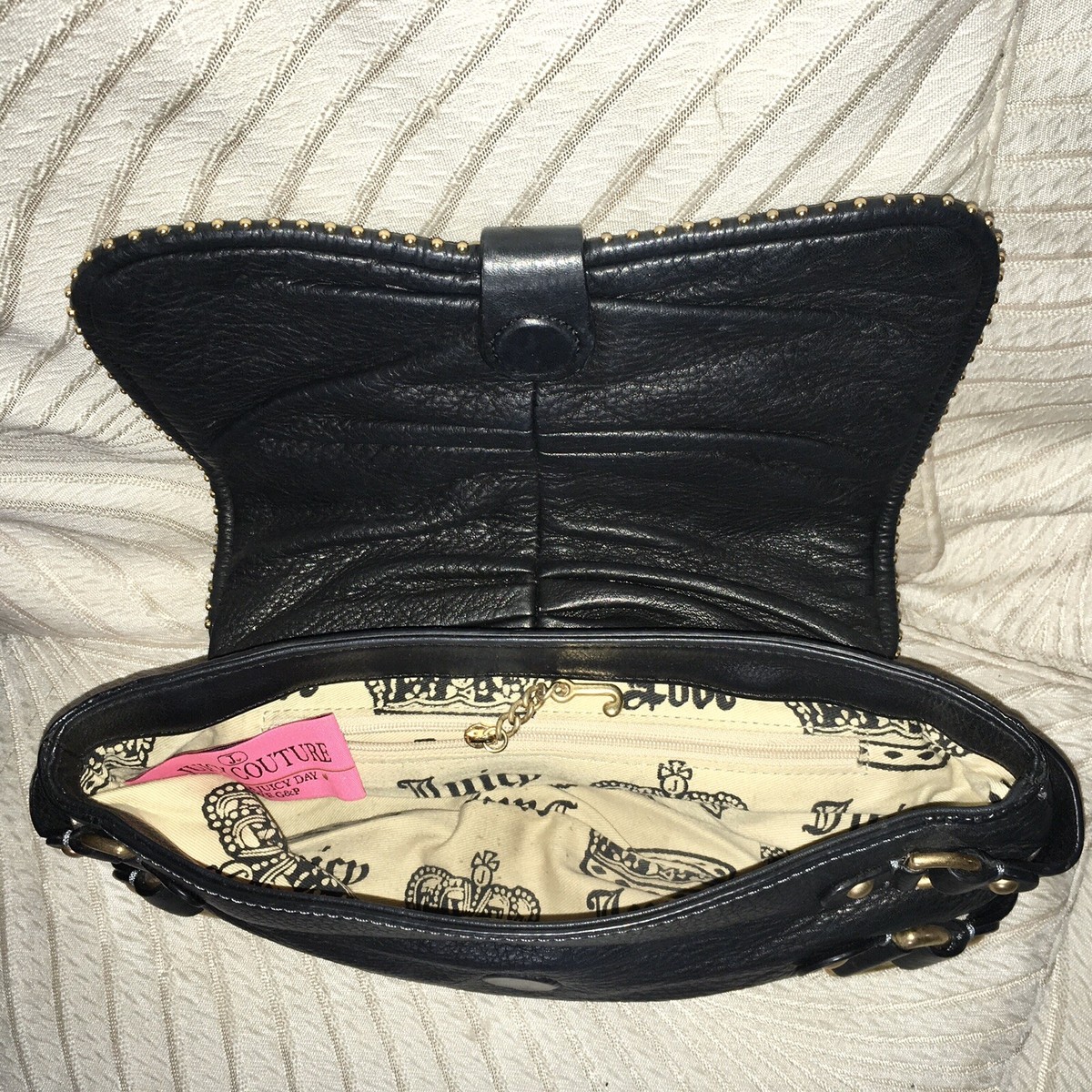 Juicy Couture チャーム付きチェーンミニバッグ クラッチバッグ Vtg Y2K Black Gold Juicy Couture Leather Charms Mini Handbag