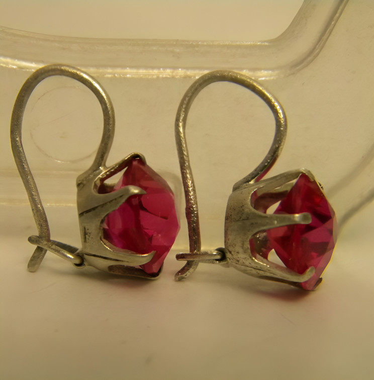 Vintage Soviet Ruby Red Gemstone Earrings - 875 S… - image 5
