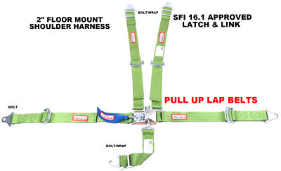 SFI 16.1 JUNIOR RACING HARNESS RACERDIRECT LIME GREEN  5 POINT FLOOR MOUNT