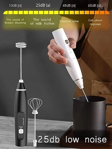 Milk Frother Handheld Foam Maker with 2 Stainless Stirring Head 3 Speed Recha...