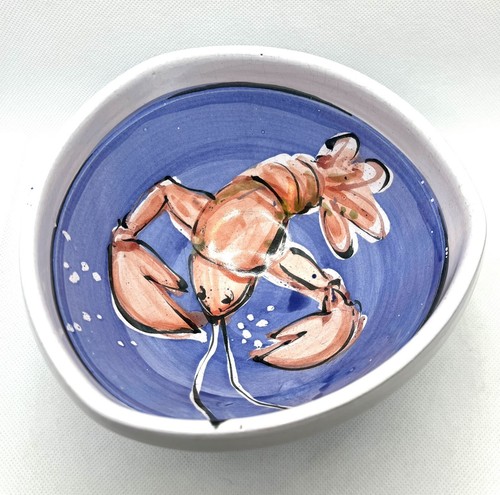 Art Pottery Redware Hand Painted Lobster Decorative Bowl Marked On Bottom