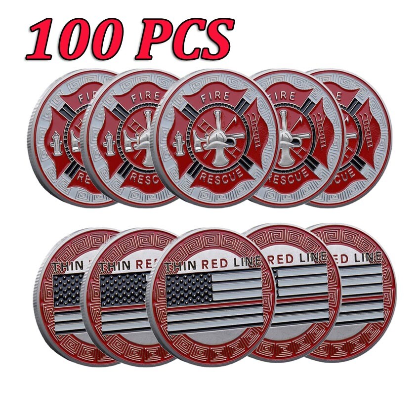 100PCS Fire Rescue Thin Red Line Flag Gift Fireman Commemorative Challenge Coin