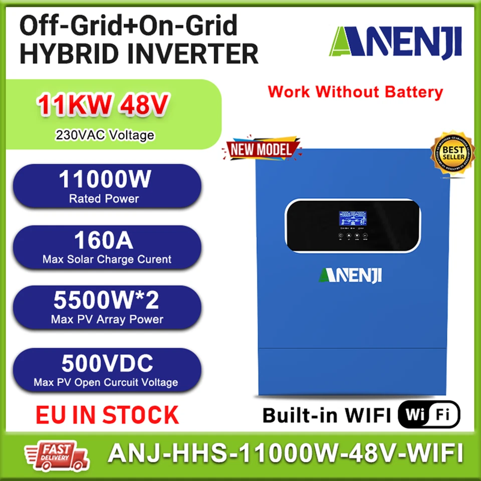 11KW Ibrido Inverter Solare On-Grid Off-Grid 2*MPPT 160A 48V 500V WIFI integrato