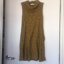 Vine & Love Sleeveless Dress S/M Brown Gold Knit Ribbed Cowl Turtleneck Pockets