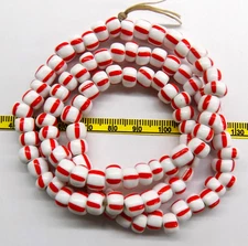 100  Old White Red Striped Vintage Crow Beads African Trade  2582 Fur Trade READ