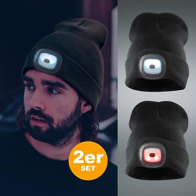 2x Unisex Strickmütze + Licht Beanie Cap LED Lampe Wintermütze USB Akku Leuchte