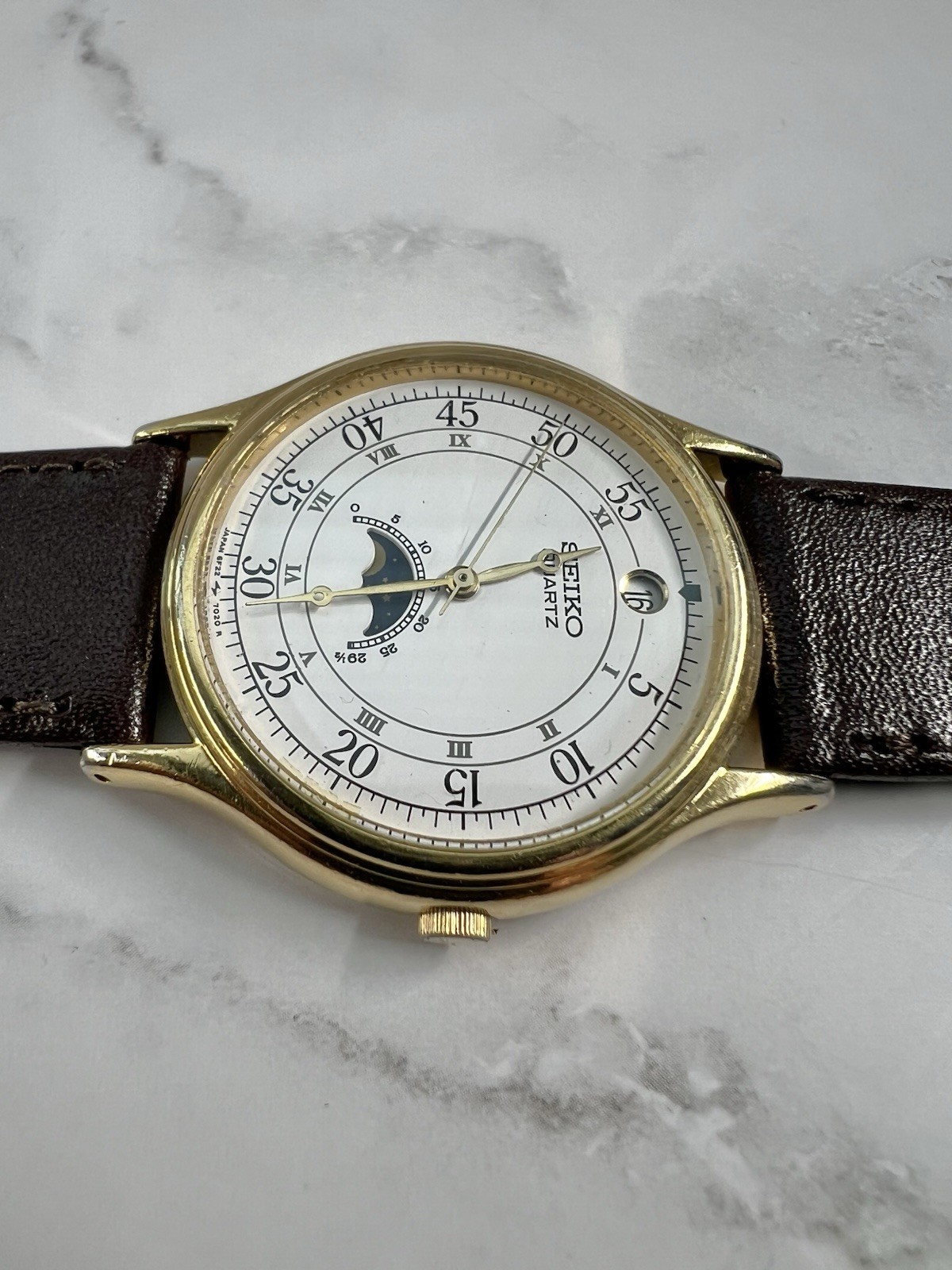 Seiko Men's Vintage Moonphase Gold Tone w/ White Dial Quartz Watch 6F22-7009 image 3