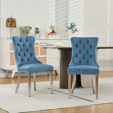 2 Set Velvet Tufted Dining Chairs Kitchen Chairs Stainless Steel Legs Light Blue