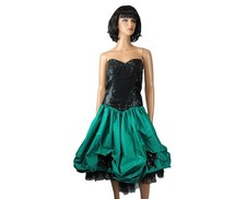 80s Prom Dress XS Vintage Strapless Black Sequin Teal Taffeta Bubble Hem Gown