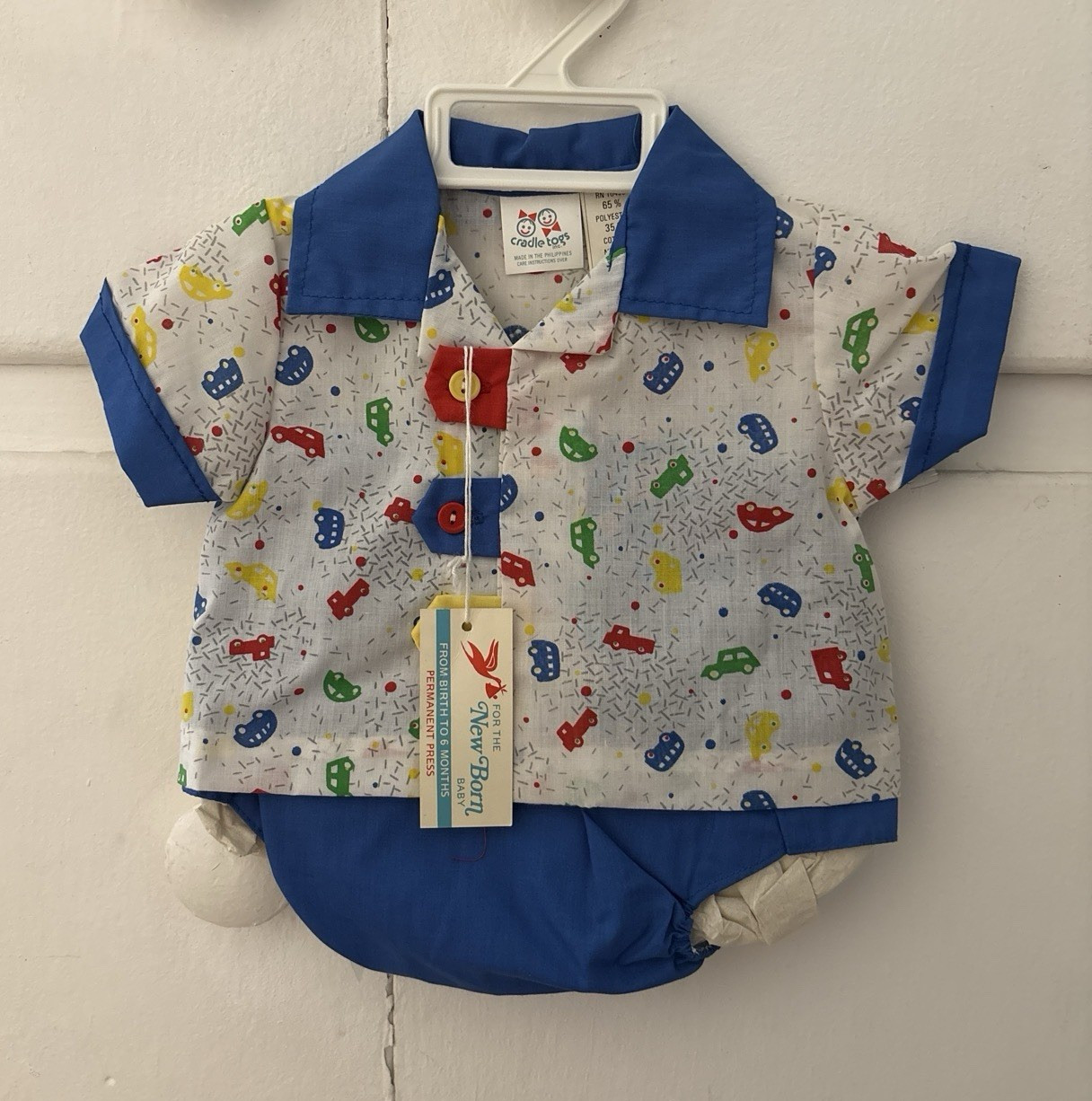 Vintage Cradle Togs 0-6 Months Two-Piece Car Print And Blue Plastic Lined Shorts