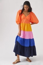 Anthropologie Farm Rio Colorblock Balloon Sleeve Tiered Maxi Dress NWT Small