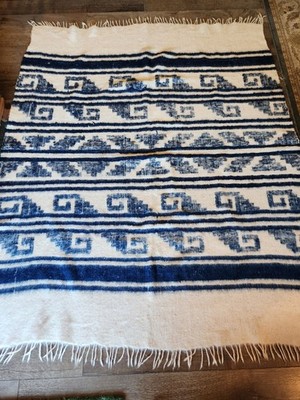 Greco Momo Thick Felted Hand Woven Wool Blanket Fringed 62 x 77 Blue & Cream