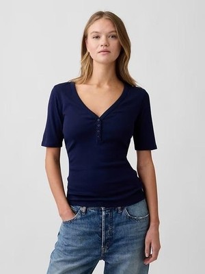 GAP Women's Modern Ribbed V-Neck Henley Top-Navy Uniform- Sizes S. M. L XL. XXL