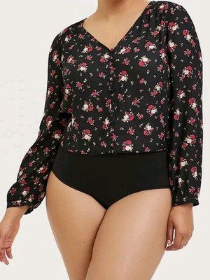 NWT Torrid Black Floral Silky Leotard Top Bodysuit 1X 14-16 Long Sleeve Romantic