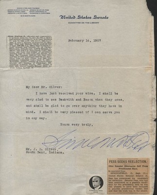 SIMEON D. FESS - TYPED LETTER SIGNED 02/14/1927