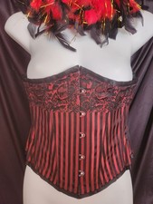 Red  Black Brocade Boned Bustier Lace Up Corset w/ Garter Straps Sz L Burlesque
