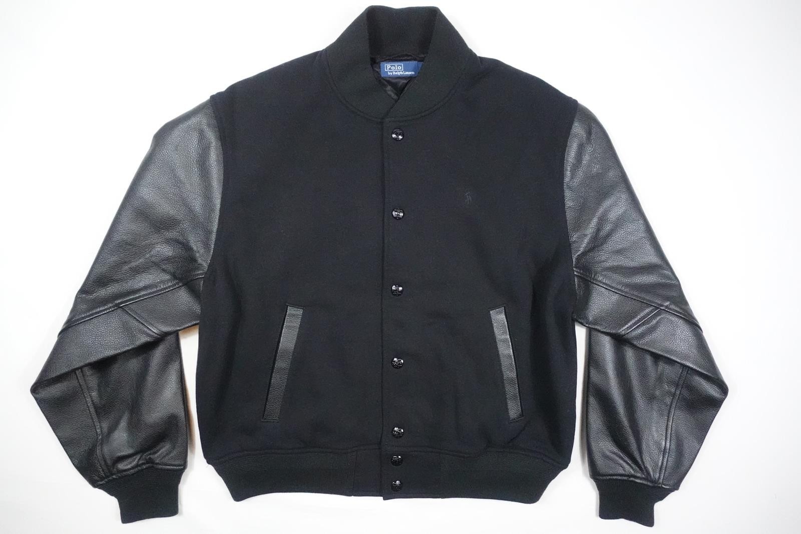 Polo Ralph Lauren Jacket Bomber Varsity Black Leather Spellout Letterman NWT S thumbnail 3