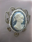 VINTAGE MIRIAM HASKELL SILVER TONE BLUE CAMEO FAUX PEARL BROOCH