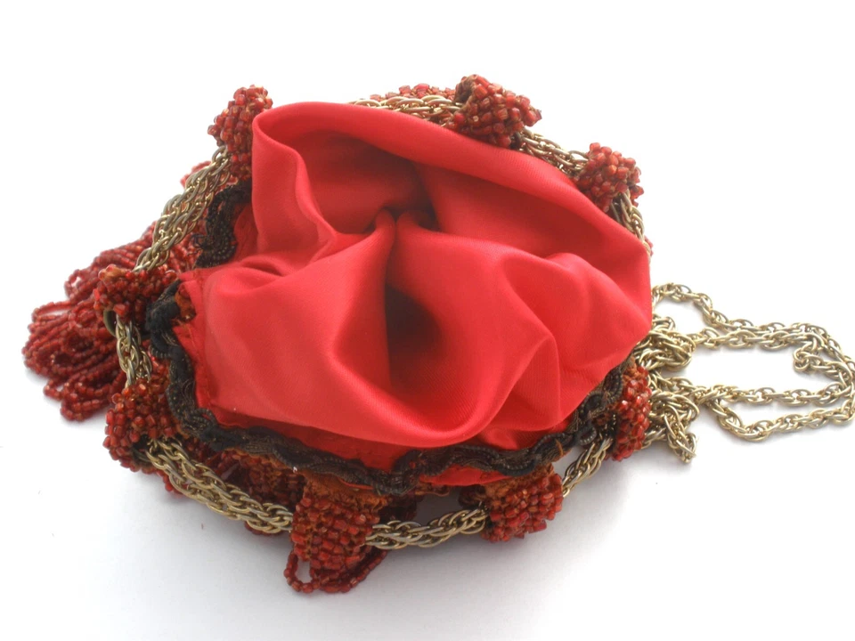 Flapper Red Drawstring Fringe Purse Hand Beaded Bag Glass Beads Art Deco - Image 4 of 4