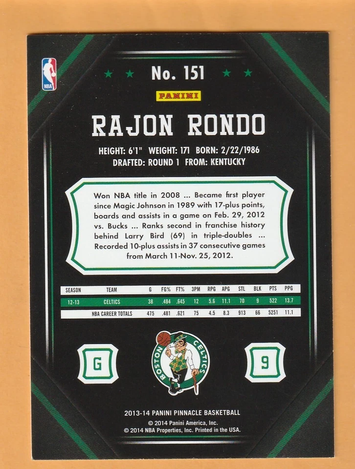 Rajon Rondo Boston Celtics 2013-14 Pinnacle #151 Kentucky Wildcats 13O - Image 2 of 2