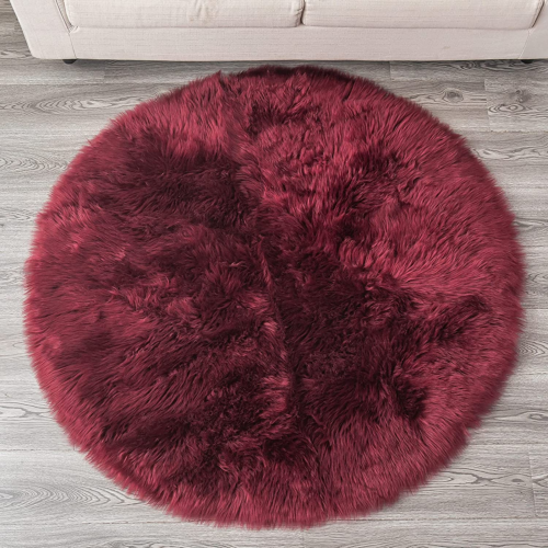 3 Ft round Faux Sheepskin Area Rug – Ultra Soft, Fluffy Burgundy Fur Throw Rug, - Picture 4 of 7