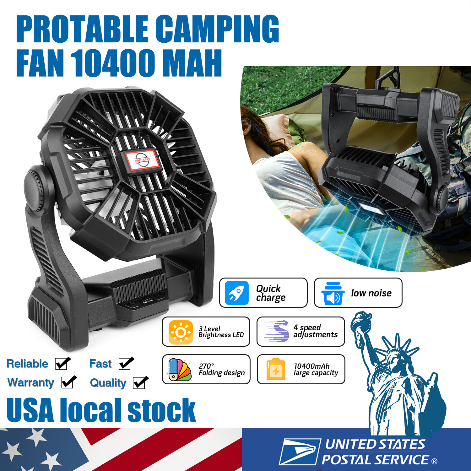 10400mAh Battery Powered Portable Fan, Camping Tent Fan w/ USB Charging Ports