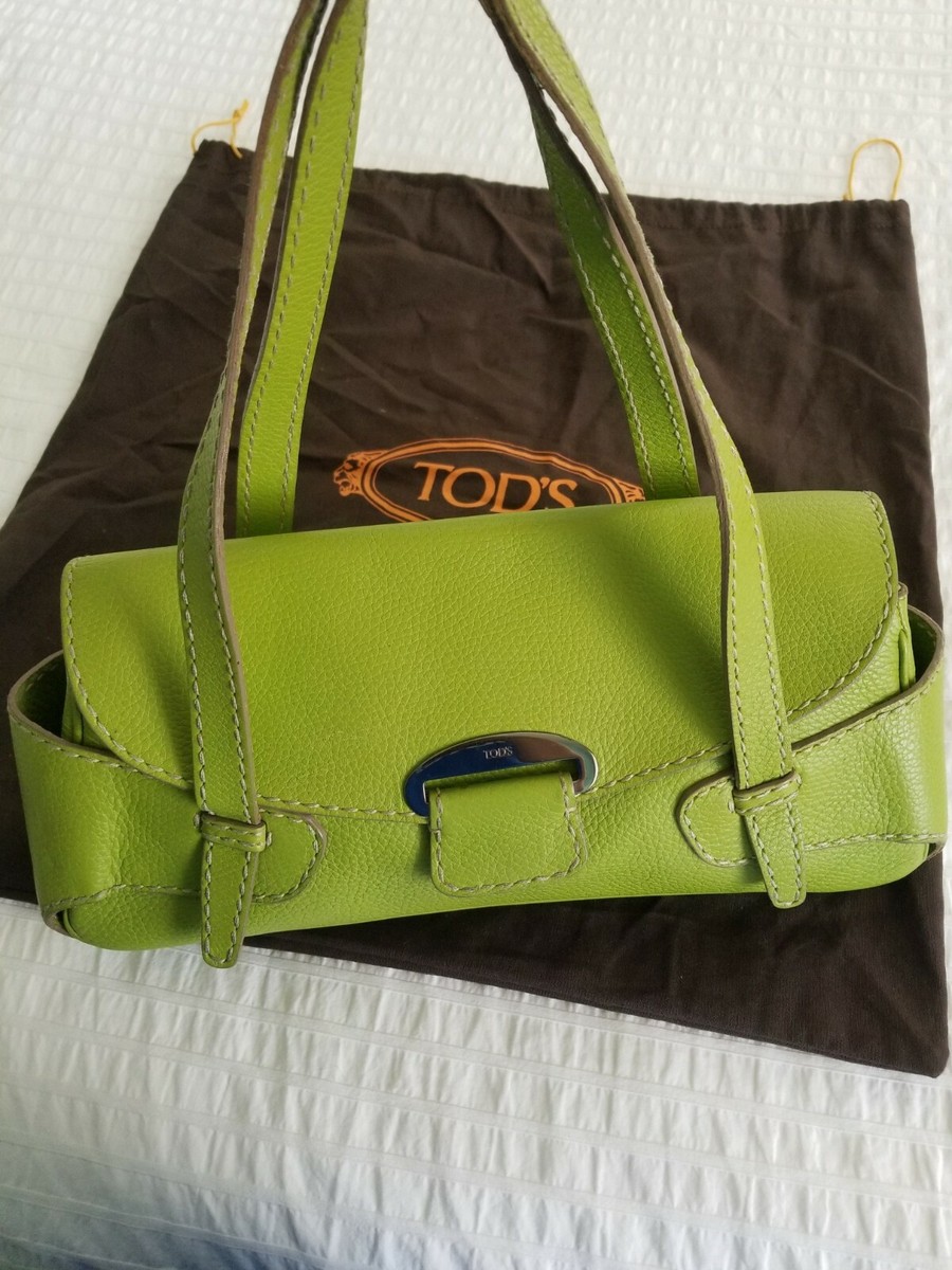 TOD'S Green Pebbled Genuine Leather Satchel Baguette Purse