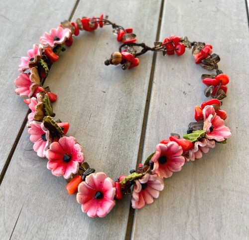 Kette Leder Blüten 2,1 cm Blätter Halbedelsteine Baumwolle 42 cm Boho Ethno - Bild 8 von 9
