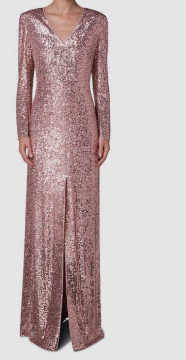 $5990 Akris Women Pink Sequin Long Sleeve Jersey V-Neck Gown Size 10