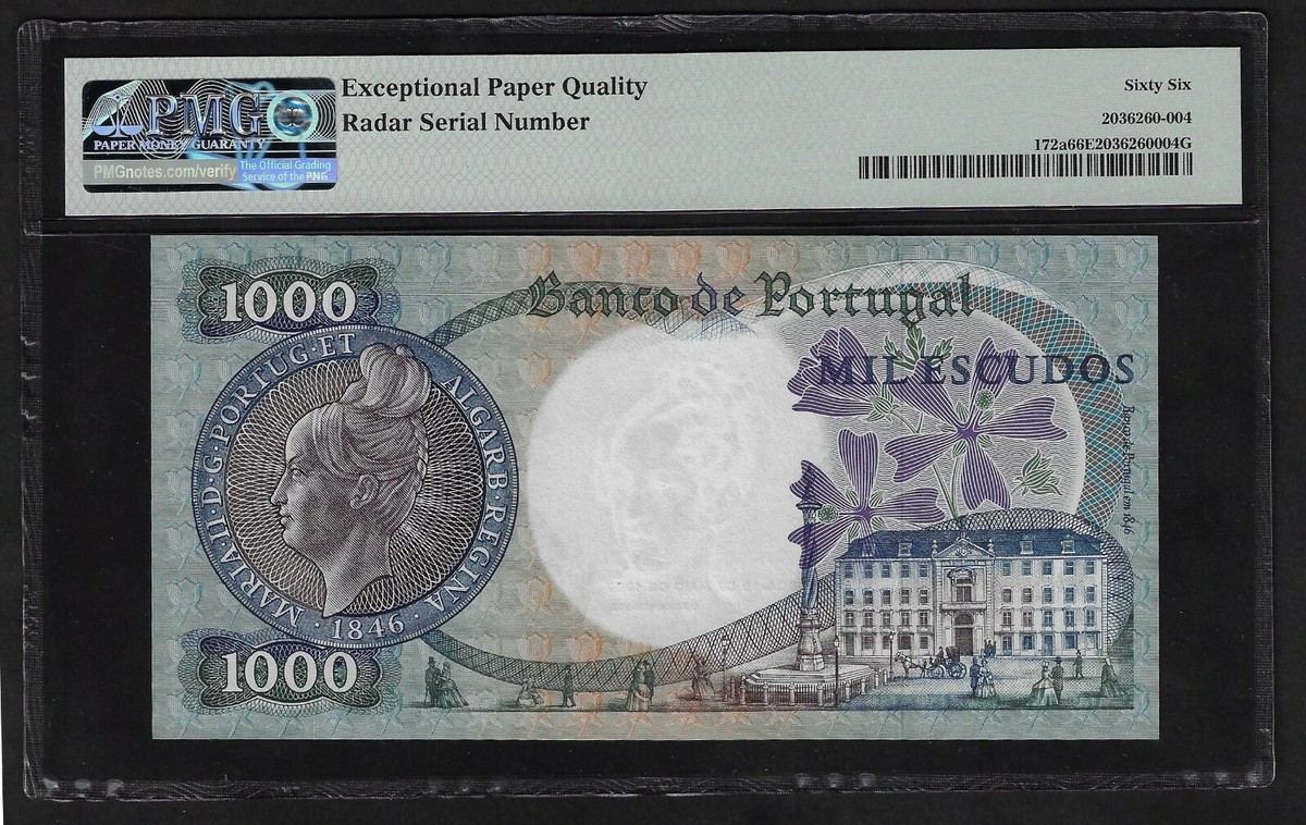 PORTUGAL RARE 1000 ESCUDOS 1967 RADAR P-172a PMG 66 GEM UNC
