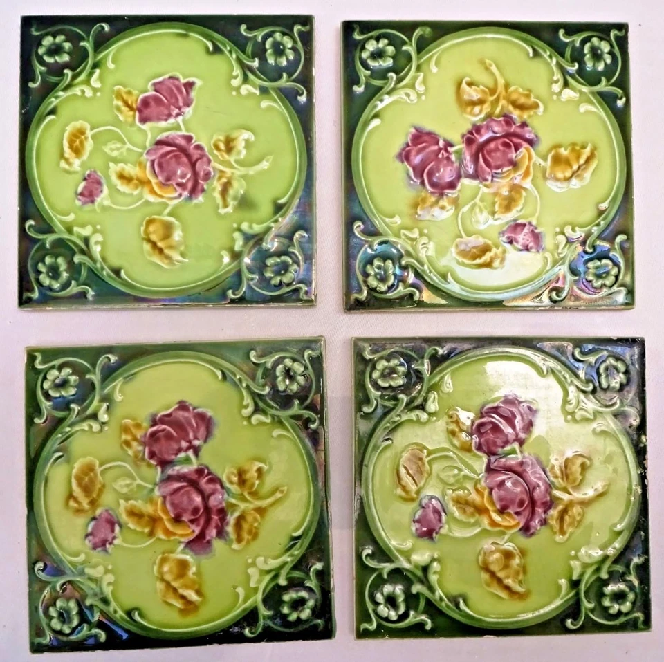 Antiguo Azulejo Mayólica Inglaterra Art Nouveau Porcelana Rosa Púrpura Juego de 4 Piezas #13 Foto 4 de 4