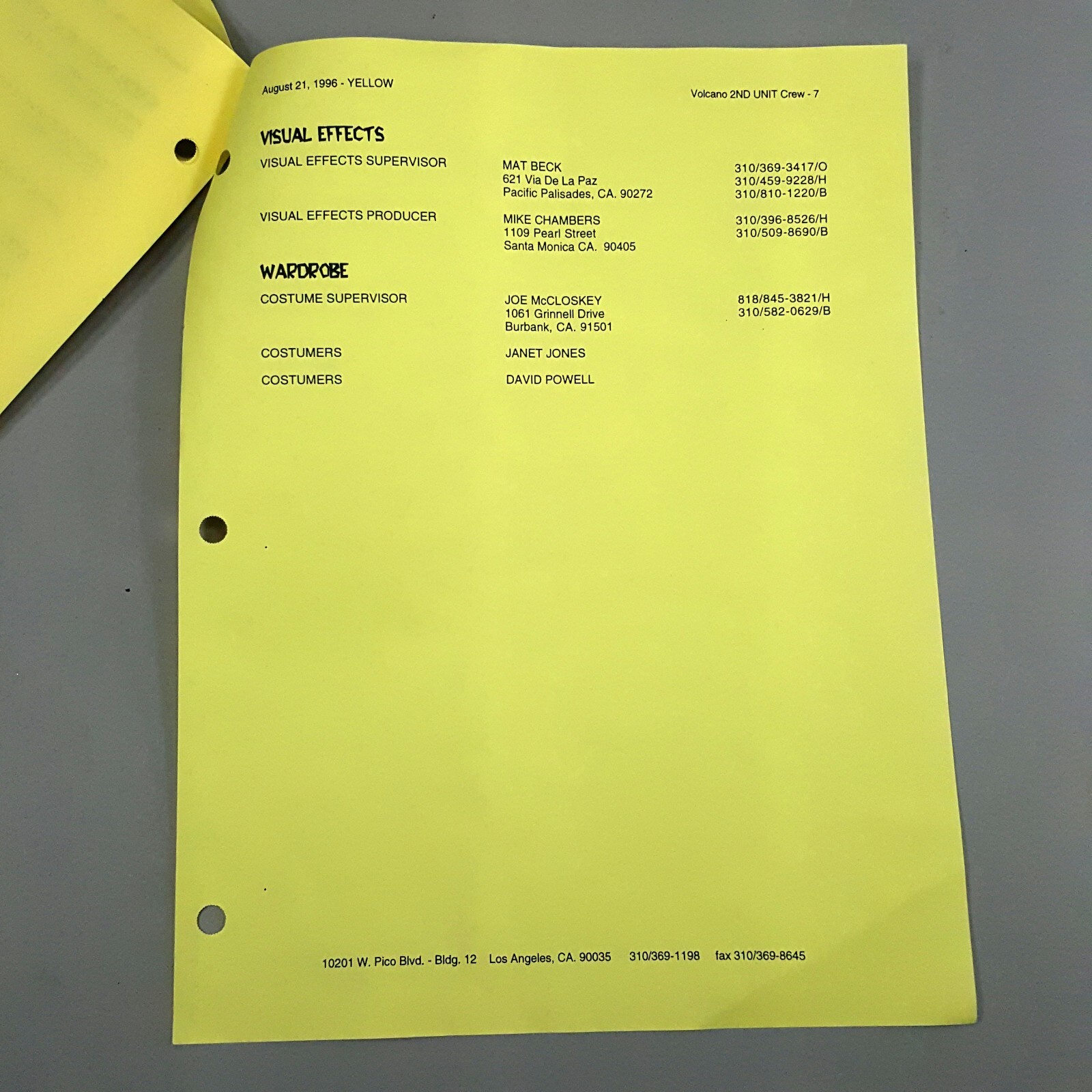 Image 16 of VOLCANO Movie 2nd Unit Crew List- Production Used - COA