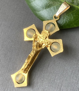 Authentic Vintage Cross Pendant Estate Jewelry Pre-owned Gold Plated Detailed Satin Glass