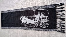 100 Silk Horse and Carriage Buggy Black and White Reversible Scarf 66" L