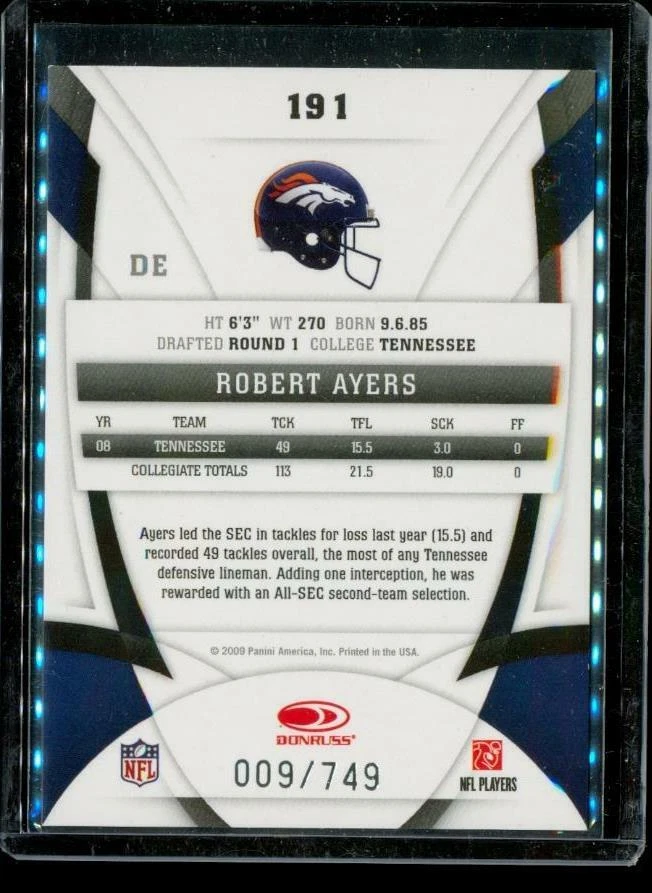 2009 CERTIFIED NEW GENERATION Rookie Football Card #191 ROBERT AYERS Broncos LE - Image 2 of 2