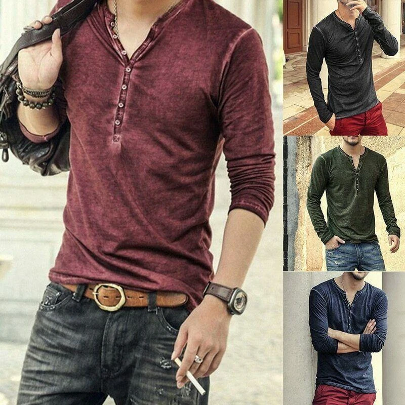 Camiseta Elegante Para Hombre Cuello En V Camisa De Moda Manga Larga Con  Botónes