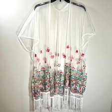 Southern Sparkle embroidered sheer mesh poncho wrap with fringe OS NWT Kimono