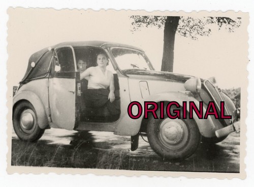 Orig Photo 1950s Beautiful Woman Posing in Car NSU-Fiat 1100 Cabriolet