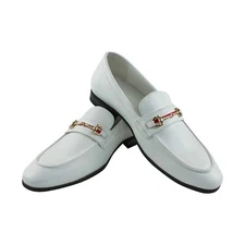 Men's White Leather Dress Shoes Slip On Loafers With Gold Buckle Formal AZAR MAN
