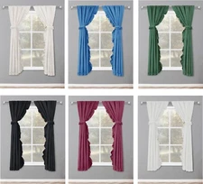 Linen Window Curtain 2 Panel Set, Rustic Style Decoration Ruffled Edge Tie Backs
